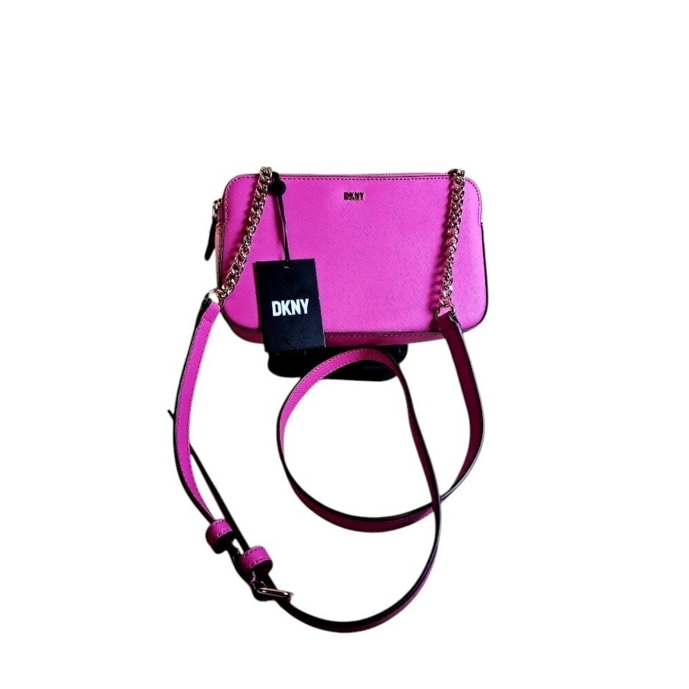 DKNY Veronica Double Zip Pebbled Leather Crossbody Bag Magenta NWT MSRP $148